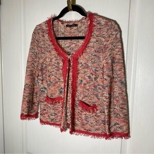 NiC+ZOE Tweed Fringe Cardigan Women’s Petite S Peach Multicolor Linen Blend